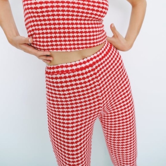 Zara Red White Knit High Waist Flare Leg Pants Trousers - Picture 1 of 8